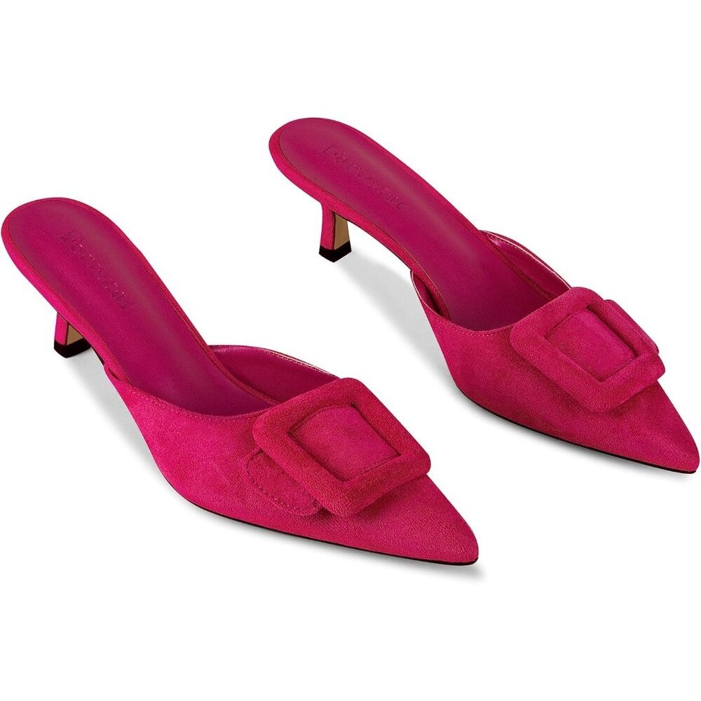 Women's Hot Pink Mule Slingback Buckle Pumps Pointed Toe Kitten Heels Shoe - Picture 5 of 5
